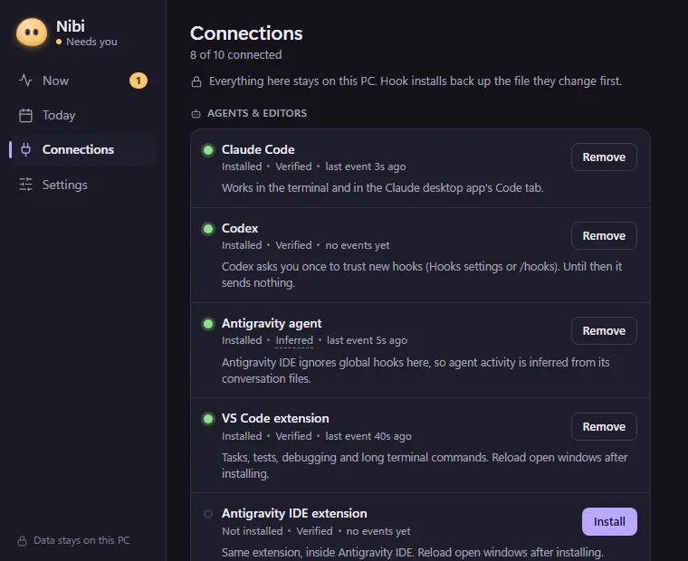 The Connections page of the Nibi panel, grouping agents and editors, services, and keys, each with a status dot and when it last sent an event.