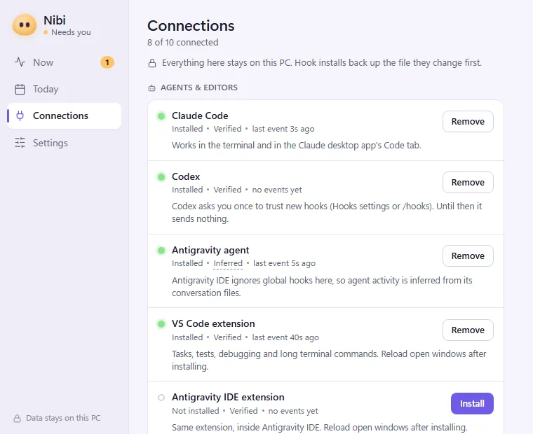 The Connections page of the Nibi panel, grouping agents and editors, services, and keys, each with a status dot and when it last sent an event.