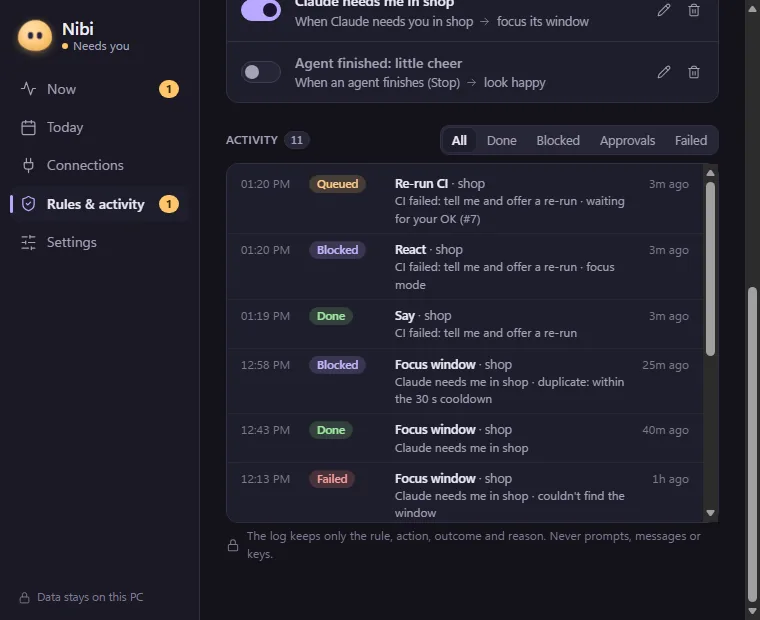 The Rules and activity page of the Nibi panel, listing rule switches and an activity log with entries marked Queued, Blocked, Done and Failed, each with its reason.