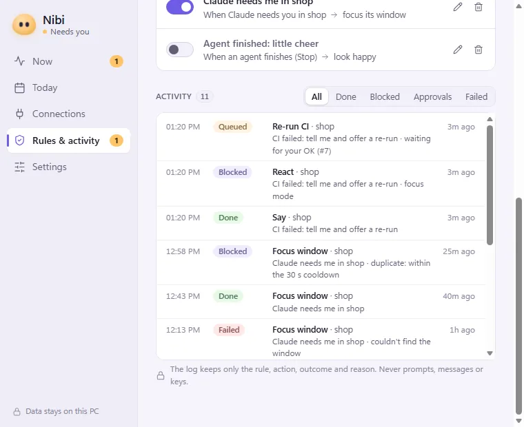 The Rules and activity page of the Nibi panel, listing rule switches and an activity log with entries marked Queued, Blocked, Done and Failed, each with its reason.